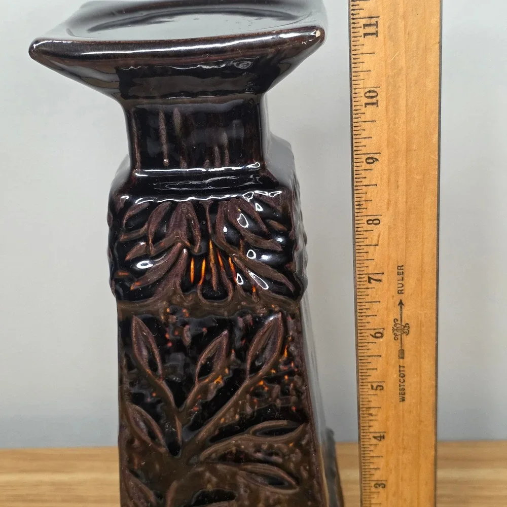 Ceramic Pillar Candle‎ Holder 11in Metallic Dark Brown Embossed Floral Tapered